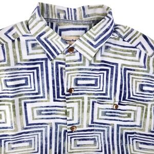 Tommy Bahama Silk‎ Camp Shirt Large Original Fit Blue Green Geometric Print